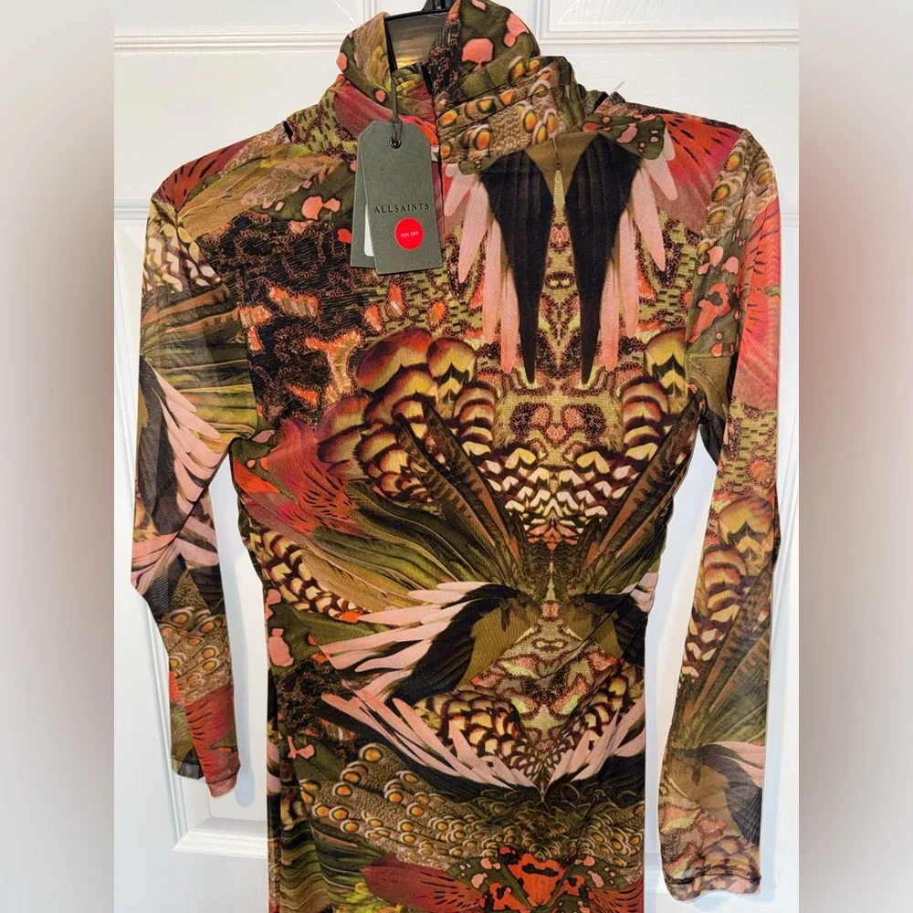 All Saints Long Sleeve Printed Bodycon Dress - Olive, Rust & Pink - Picture 4 of 8
